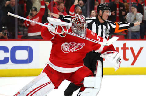 DETROIT, MI – JANUARY 31: Petr Mrazek #34 of the Detroit Red Wings celebrates a 2-1 shootout win while playing the San Jose Sharks at Little Caesars Arena on January 31, 2018, in Detroit, Michigan. Detroit won the game 2-1 in a shootout. (Photo by Gregory Shamus/Getty Images)