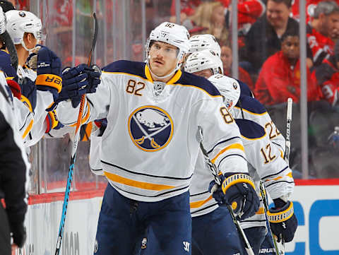 NEWARK, NJ – NOVEMBER 12: Marcus Foligno #82 of the Buffalo Sabres celebrates his second period goal against the New Jersey Devils at the Prudential Center on November 12, 2016 in Newark, New Jersey. (Photo by Jim McIsaac/Getty Images)