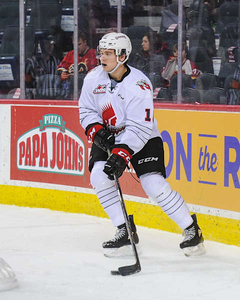 CALGARY, AB – DECEMBER 2: Daemon Hunt #10 of the Moose Jaw Warriors in action against the Calgary Hitmen during a WHL game at the Scotiabank Saddledome on December 2, 2018 in Calgary, Alberta, Canada. (Photo by Derek Leung/Getty Images)