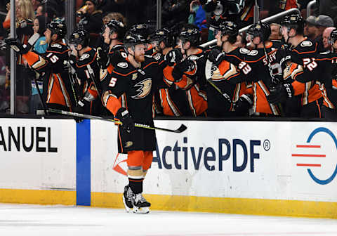 ANAHEIM, CA – APRIL 05: Anaheim Ducks defenseman Korbinian Holzer (5) is greeted by his teammates after Holzer scored a goal during the second period of a game against the Los Angeles Kings played on April 5, 2019 at the Honda Center in Anaheim, CA. (Photo by John Cordes/Icon Sportswire via Getty Images)