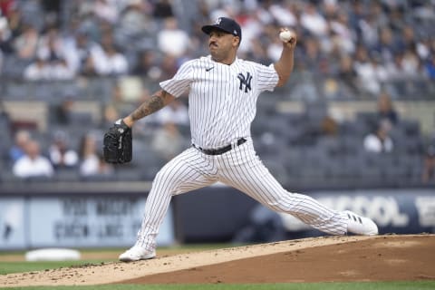 Apr 23, 2022; Bronx, New York, USA; New York Yankees pitcher Nestor Cortes (65) delivers a pitch against the Cleveland Guardians during the second inning at Yankee Stadium. Mandatory Credit: Gregory Fisher-USA TODAY Sports