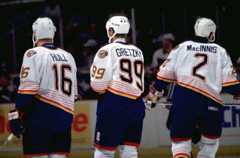 2000 Season: Wayne Gretzky with Brett Hull and Al MacInnis And Player Blues Gretzky. (Photo by Bruce Bennett Studios/Getty Images)