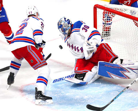 Apr 12, 2017; Montreal, Quebec, CAN; New York Rangers goalie Henrik Lundqvist (30) makes a save against Montreal Canadiens as defenseman Nick Holden (22) defends during the second period of game one of the first round of the 2017 Stanley Cup Playoffs at Bell Centre. Mandatory Credit: Jean-Yves Ahern-USA TODAY Sports