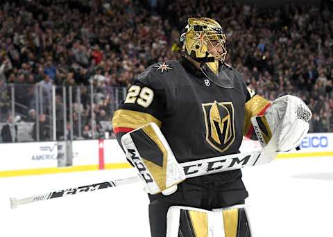 LAS VEGAS, NEVADA – OCTOBER 17: Marc-Andre Fleury #29 of the Vegas Golden Knights skates after blocking a shot during a shootout against the Ottawa Senators in the third period of their game at T-Mobile Arena on October 17, 2019 in Las Vegas, Nevada. The Golden Knights defeated the Senators 3-2 in a shootout. (Photo by Ethan Miller/Getty Images)