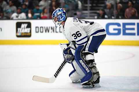 SAN JOSE, CALIFORNIA – MARCH 03: Jack Campbell #36 of the Toronto Maple Leafs in action against the San Jose Sharks at SAP Center on March 03, 2020 in San Jose, California. (Photo by Ezra Shaw/Getty Images)