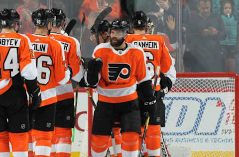 PHILADELPHIA, PA – JANUARY 28: Radko Gudas #3 of the Philadelphia Flyers celebrates with teammates after defeating the Winnipeg Jets 3-1 on January 28, 2019 at the Wells Fargo Center in Philadelphia, Pennsylvania. (Photo by Len Redkoles/NHLI via Getty Images)