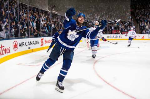 TORONTO, ON – OCTOBER 3: Auston Matthews #34 of the Toronto Maple Leafs celebrates his game winning goal during overtime against the Montreal Canadiens at the Scotiabank Arena on October 3, 2018 in Toronto, Ontario, Canada. (Photo by Mark Blinch/NHLI via Getty Images)