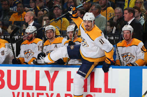 BUFFALO, NY – APRIL 2: Brian Boyle #11 of the Nashville Predators jumps into action against the Buffalo Sabres during an NHL game on April 2, 2019 at KeyBank Center in Buffalo, New York. Nashville won, 3-2. (Photo by Bill Wippert/NHLI via Getty Images)