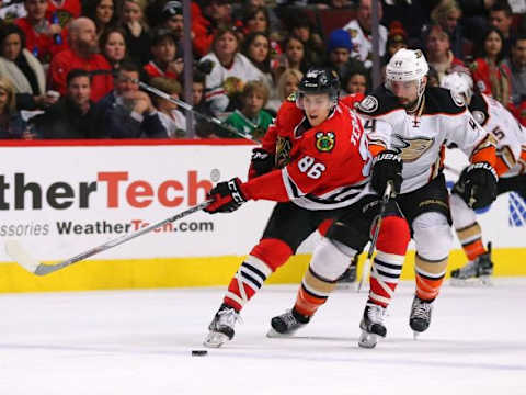 Feb 13, 2016; Chicago, IL, USA; Chicago Blackhawks left wing Teuvo Teravainen (86) skates past Anaheim Ducks center Nate Thompson (44) during the first period at the United Center. Mandatory Credit: Dennis Wierzbicki-USA TODAY Sports