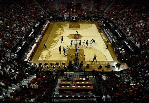 LAS VEGAS, NV – MARCH 10: A general view of the court shows the San Diego State Aztecs and the Colorado State Rams during the second half of a semifinal game of the Mountain West Conference basketball tournament at the Thomas