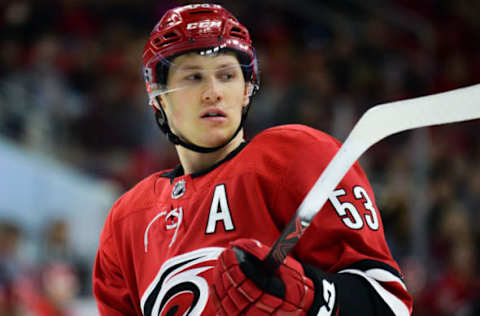 RALEIGH, NC – JANUARY 12: Carolina Hurricanes Left Wing Jeff Skinner (53) skates during a game between the Washington Capitals and the Carolina Hurricanes at the PNC Arena in Raleigh, NC on January 12, 2018. Washington defeated Carolina 4-3. (Photo by Greg Thompson/Icon Sportswire via Getty Images)