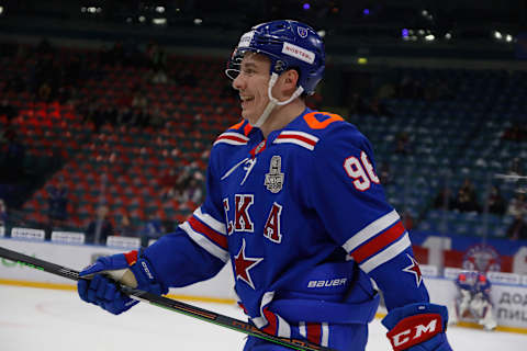 SAINT PETERSBURG, RUSSIA – 2022/03/20: SKA Hockey Club player, Andrei Kuzmenko (No.96) seen in action during the Kontinental Hockey League, Gagarin Cup, KHL 2021/22 between SKA Saint Petersburg and Spartak Moscow at the Ice Sports Palace.(Final score; SKA Saint Petersburg 2:1 Spartak Moscow). (Photo by Maksim Konstantinov/SOPA Images/LightRocket via Getty Images)