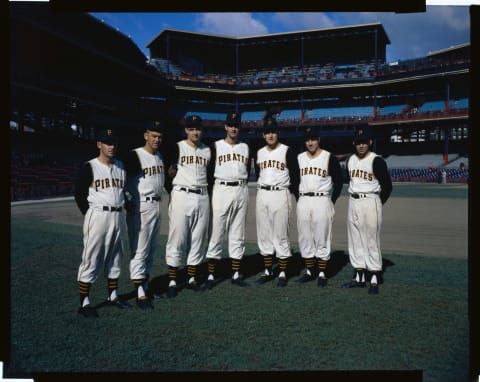 (Original Caption) Pittsburgh Pirates Pitching Staff. Elroy Face, Clem Labine, Vinegaben Mizell, Fred Green, Vernon Law, Bob Friend and Harvey Haddix.