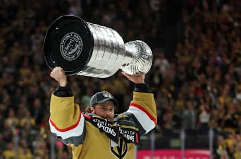 LAS VEGAS, NEVADA – JUNE 13: Jonathan Quick #32 of the Vegas Golden Knights hoists the Stanley Cup after a win against the Florida Panthers in Game Five of the 2023 NHL Stanley Cup Final at T-Mobile Arena on June 13, 2023, in Las Vegas, Nevada. (Photo by Christian Petersen/Getty Images)