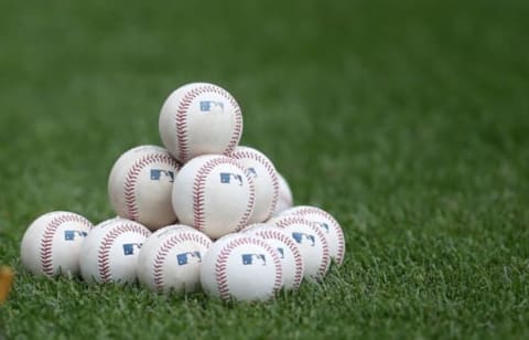 Jun 7, 2016; Pittsburgh, PA, USA; General view as MLB baseballs on the field before the Pittsburgh Pirates host the New York Mets in a double header at PNC Park. Mandatory Credit: Charles LeClaire-USA TODAY Sports