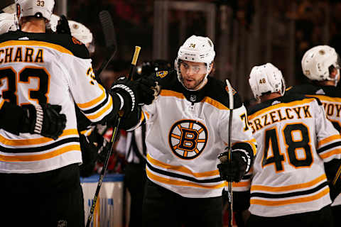 SUNRISE, FL – DECEMBER 14: Jake DeBrusk #74 of the Boston Bruins celebrates his goal with teammates during the first period against the Florida Panthers at the BB&T Center on December 14, 2019 in Sunrise, Florida. (Photo by Eliot J. Schechter/NHLI via Getty Images)