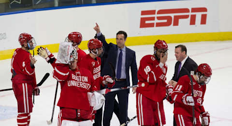 WORCESTER, MA – MARCH 24: Coach David Quinn of the Boston University Terriers celebrates a 3-1 victory against the Cornell Big Red during the NCAA Division I Men’s Ice Hockey Northeast Regional Championship Semifinal at the DCU Center on March 24, 2018 in Worcester, Massachusetts. (Photo by Richard T Gagnon/Getty Images)