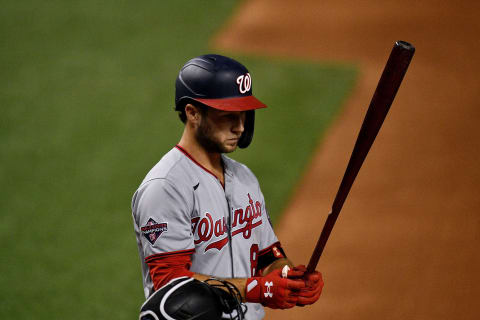 MIAMI, FLORIDA – SEPTEMBER 18: Carter Kieboom #8 of the Washington Nationals bats against the Miami Marlins at Marlins Park on September 18, 2020 in Miami, Florida. (Photo by Mark Brown/Getty Images)