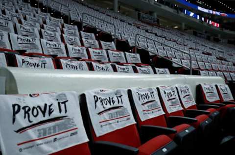 RALEIGH, NORTH CAROLINA – MAY 30: Playoff towels are draped oj the seats before Game One of the Second Round of the 2021 Stanley Cup Playoffs between the Carolina Hurricanes and the Tampa Bay Lightning at PNC Arena on May 30, 2021 in Raleigh, North Carolina. (Photo by Grant Halverson/Getty Images)