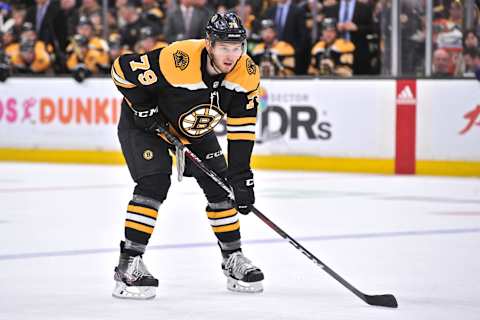 BOSTON, MA – APRIL 06: Boston Bruins Defenseman Jeremy Lauzon (79) waits for the puck to drop on a face off. During the Boston Bruins game against the Tampa Bay Lightning on April 06, 2019 at TD Garden in Boston, MA. (Photo by Michael Tureski/Icon Sportswire via Getty Images)