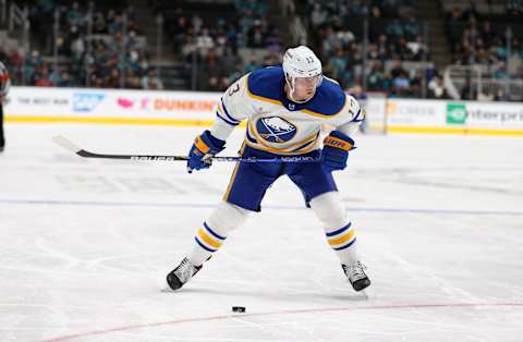 SAN JOSE, CALIFORNIA – NOVEMBER 02: Mark Pysyk #13 of the Buffalo Sabres in action against the San Jose Sharks at SAP Center on November 02, 2021 in San Jose, California. (Photo by Ezra Shaw/Getty Images)