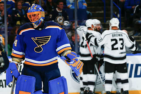 ST. LOUIS, MO – OCTOBER 30: Jake Allen #34 of the St. Louis Blues reacts after giving up a goal to the Los Angeles Kings at Scottrade Center on October 30, 2017 in St. Louis, Missouri. (Photo by Dilip Vishwanat/NHLI via Getty Images)