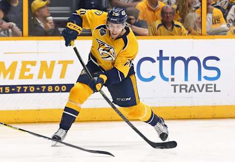 May 9, 2016; Nashville, TN, USA; Nashville Predators left wing Miikka Salomaki (20) against the San Jose Sharks in game six of the second round of the 2016 Stanley Cup Playoffs at Bridgestone Arena. The Predators won 4-3. Mandatory Credit: Aaron Doster-USA TODAY Sports