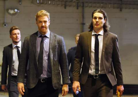 Dougie Hamilton #7 and Ryan Graves #33 of the New Jersey Devils. (Photo by Bruce Bennett/Getty Images)