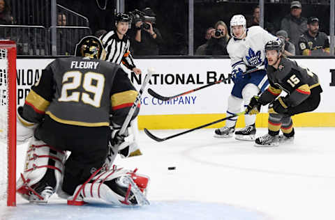 LAS VEGAS, NEVADA – NOVEMBER 19: Zach Hyman #11 of the Toronto Maple Leafs shoots  . (Photo by Ethan Miller/Getty Images)