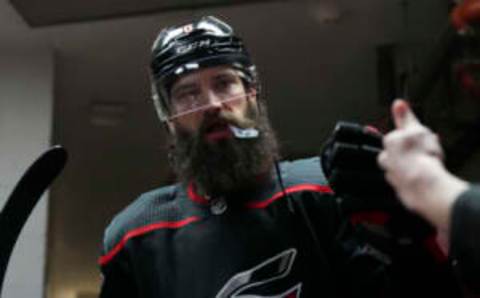 Jan 14, 2023; Raleigh, North Carolina, USA; Carolina Hurricanes defenseman Brent Burns (8) comes out of the locker room before the game against the Pittsburgh Penguins at PNC Arena. Mandatory Credit: James Guillory-USA TODAY Sports