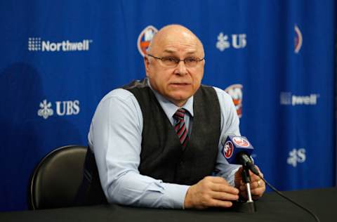 ELMONT, NEW YORK - MARCH 03: Head coach Barry Trotz of the New York Islanders speaks with the media prior to the game against the Vancouver Canucks at the UBS Arena on March 03, 2022 in Elmont, New York. (Photo by Bruce Bennett/Getty Images)