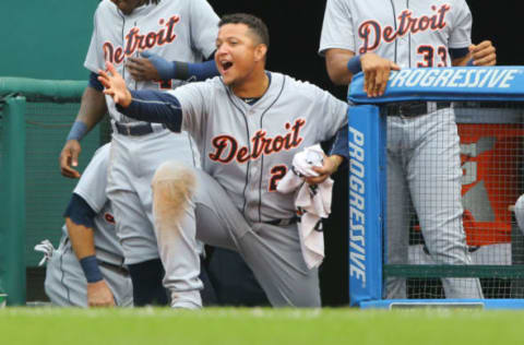 Sep 18, 2016; Cleveland, OH, USA; Detroit Tigers first baseman Miguel Cabrera (24) against the Cleveland Indians at Progressive Field. The Tigers won 9-5. Mandatory Credit: Aaron Doster-USA TODAY Sports. MLB.