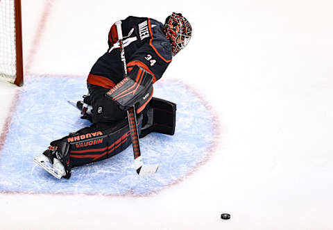 Petr Mrazek #34 of the Carolina Hurricanes is now a member of the Toronto Maple Leafs (Photo by Elsa/Getty Images)