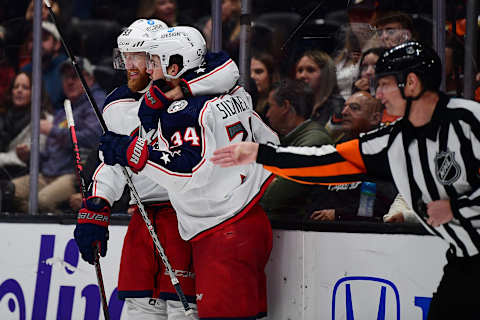 Apr 17, 2022; Anaheim, California, USA; Columbus Blue Jackets center Cole Sillinger (34) celebrates with right wing Jakub Voracek (93) his goal scored against the Anaheim Ducks during the third period at Honda Center. Mandatory Credit: Gary A. Vasquez-USA TODAY Sports