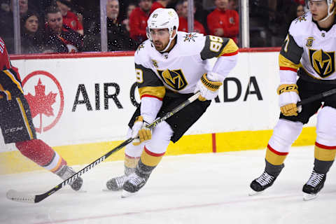 CALGARY, AB – APRIL 07: Vegas Golden Knights Right Wing Alex Tuch (89) looks for a pass during the first period of an NHL game where the Calgary Flames hosted the Las Vegas Golden Knights Saturday, April 7 at the Scotiabank Saddledome, Calgary, AB. The Flames won the game 7-1 (Photo by Brett Holmes/Icon Sportswire via Getty Images)