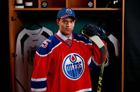 SUNRISE, FL – JUNE 27: Caleb Jones, 117th overall pick by the Edmonton Oilers, poses for a portrait during the 2015 NHL Draft at BB&T Center on June 27, 2015 in Sunrise, Florida. (Photo by Jeff Vinnick/NHLI via Getty Images)