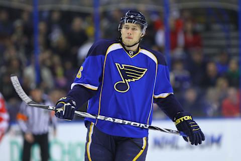 ST. LOUIS, MO – JANUARY 20: Erik Johnson #6 of the St. Louis Blues in action against the Detroit Red Wings at the Scottrade Center on January 20, 2011 in St. Louis, Missouri. (Photo by Dilip Vishwanat/Getty Images)