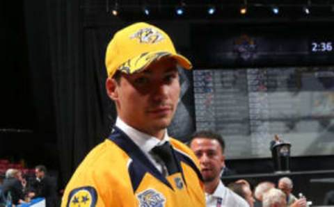 SUNRISE, FL – JUNE 27: Alexandre Carrier reacts after being selected 115th overall by the Nashville Predators during the 2015 NHL Draft at BB