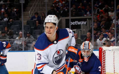 ELMONT, NEW YORK – NOVEMBER 23: Jesse Puljujarvi #13 of the Edmonton Oilers skates against the New York Islanders at the UBS Arena on November 23, 2022 in Elmont, New York. (Photo by Bruce Bennett/Getty Images)