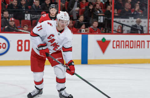 OTTAWA, ON – NOVEMBER 9: Lucas Wallmark #71 of the Carolina Hurricanes skates against the Ottawa Senators at Canadian Tire Centre on November 9, 2019 in Ottawa, Ontario, Canada. (Photo by Andre Ringuette/NHLI via Getty Images)