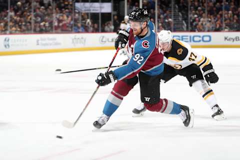 DENVER, COLORADO – OCTOBER 10: Gabriel Landeskog #92 of the Colorado Avalanche takes a shot against the empty net of the Boston Bruins at Pepsi Center on October 10, 2019 in Denver, Colorado. The Avalanche defeated the Bruins 4-2. (Photo by Michael Martin/NHLI via Getty Images)