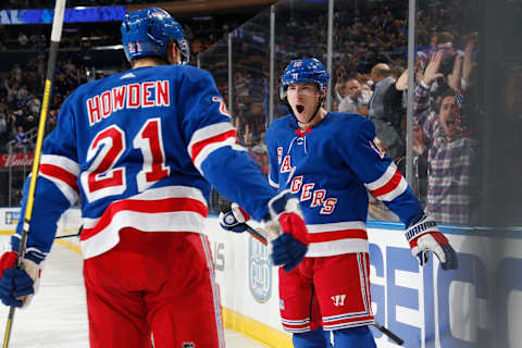 NEW YORK, NY – OCTOBER 24: Brett Howden #21 and Ryan Strome #16 of the New York Rangers react after scoring a goal in the third period against the Buffalo Sabres at Madison Square Garden on October 24, 2019 in New York City. (Photo by Jared Silber/NHLI via Getty Images)