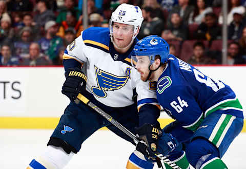 VANCOUVER, BC – DECEMBER 20: Alexander Steen #20 of the St. Louis Blues checks Tyler Motte #64 of the Vancouver Canucks during their NHL game at Rogers Arena December 20, 2018 in Vancouver, British Columbia, Canada. (Photo by Jeff Vinnick/NHLI via Getty Images)”n