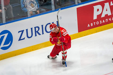 BRATISLAVA, SLOVAKIA – MAY 23: #97 Nikita Gusev of Russia celebrates his goal during the 2019 IIHF Ice Hockey World Championship Slovakia quarter final game between Russia and United States at Ondrej Nepela Arena on May 23, 2019 in Bratislava, Slovakia. (Photo by RvS.Media/Robert Hradil/Getty Images)