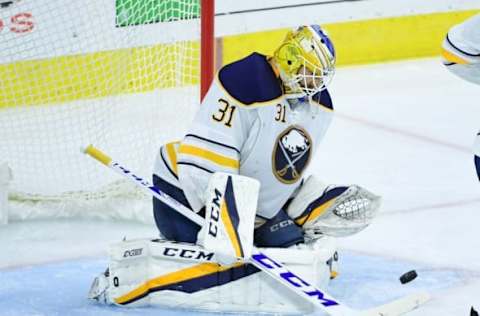 Oct 25, 2016; Philadelphia, PA, USA; Buffalo Sabres goalie Anders Nilsson (31) makes a save against the Philadelphia Flyers during the third period at Wells Fargo Center. The Flyers defeated the Sabres 4-3 in a shootout. Mandatory Credit: Eric Hartline-USA TODAY Sports