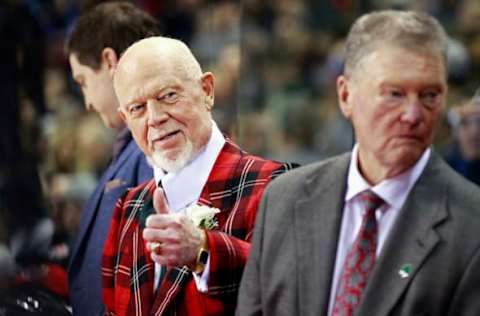 VANCOUVER, BC – JANUARY 28: Team Cherry coach Don Cherry gives Bobby Orr the thumbs up during the Carolina Hurricane Game January 28, 2016 at Pacific Coliseum in Vancouver, British Columbia, Canada. (Photo by Jeff Vinnick/Getty Images)