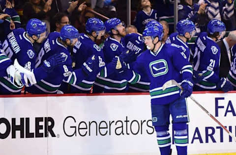 Vegas Golden Knights: Vancouver Canucks forward Bo Horvat (53) celebrates his goal against Minnesota Wild goaltender Devan Dubnyk (40) (not pictured) during the second period at Rogers Arena. Mandatory Credit: Anne-Marie Sorvin-USA TODAY Sports