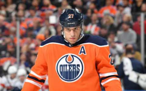 EDMONTON, AB – JANUARY 10: Milan Lucic #27 of the Edmonton Oilers lines up for a face off during the game against the Florida Panthers on January 10, 2019 at Rogers Place in Edmonton, Alberta, Canada. (Photo by Andy Devlin/NHLI via Getty Images)