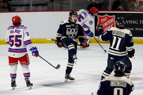 WINDSOR, ONTARIO – MARCH 08: Forward Tyler Angle #7 of the Windsor Spitfires celebrates his first period goal against the Kitchener Rangers at WFCU Centre on March 08, 2020 in Windsor, Ontario, Canada. (Photo by Dennis Pajot/Getty Images)