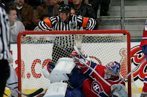 TORONTO, ON – NOVEMBER 13: Goaltender Carey Price #31 of the Montreal Canadiens pauses in the crease after the play was blown dead by referee Kevin Pollack #33 in his game against the Toronto Maple Leafs on November 13, 2007 at the Air Canada Centre in Toronto, Ontario, Canada. The Canadiens defeated the Leafs 4-3 in overtime. (Photo by Bruce Bennett/Getty Images)